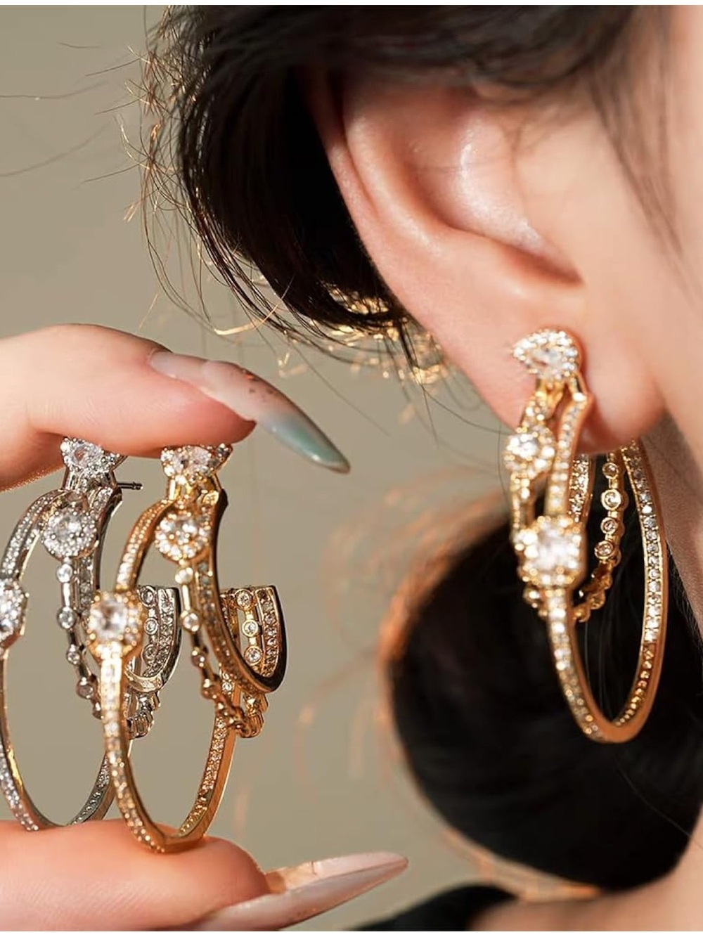 Anthropologie Gold and Silver Crystal-Embellished Hoop Earrings